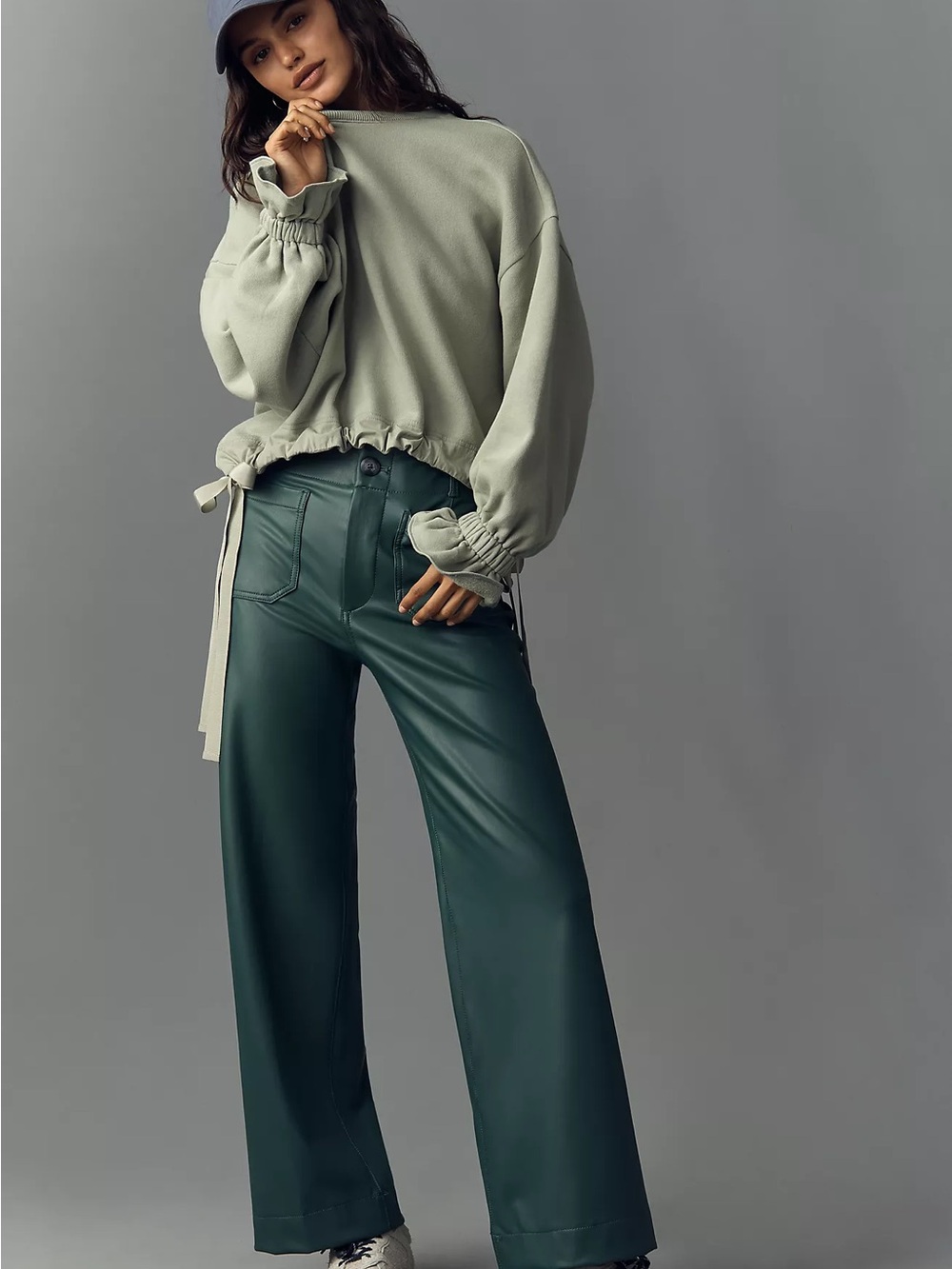 Maeve Forest Green Wide-Leg Faux Leather Pants